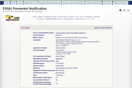 Babio Seadure FDA 510 (K) Clearance kanggo Kit Pengangkutan Virus (Ora Mahas)